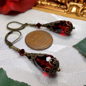 Blood Red Bronze Gothic Earrings, Dark Crimson Red Victorian Drops, Garnet Edwardian, Antique Gold Brass Steampunk Titanic Temptations 12019 image 10