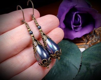 Silver Blue Pearl Victorian Earrings, Lustrous Rainbow Shell Pearl Teardrop, Gothic Gunmetal, Antique Gold Bronze, Titanic Temptations 19013