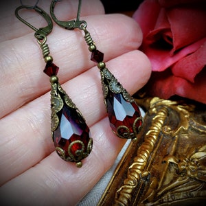 Blood Red Bronze Gothic Earrings, Dark Crimson Red Victorian Drops, Garnet Edwardian, Antique Gold Brass Steampunk Titanic Temptations 12019 image 3