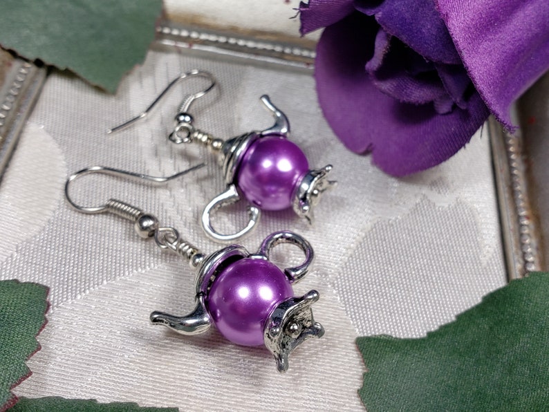 Purple Pearl Teapot Earrings, Tiny Silver Teapot, Miniature Teapots, Victorian Teapot Charms, Amethyst Pearls, Titanic Temptations 21012 image 10