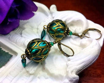 Emerald Green Victorian Earrings, Gothic Peacock, Teal Edwardian Bridal, Blue Green Steampunk, Antique Gold Bronze Titanic Temptations 16017