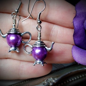 Purple Pearl Teapot Earrings, Tiny Silver Teapot, Miniature Teapots, Victorian Teapot Charms, Amethyst Pearls, Titanic Temptations 21012 image 5