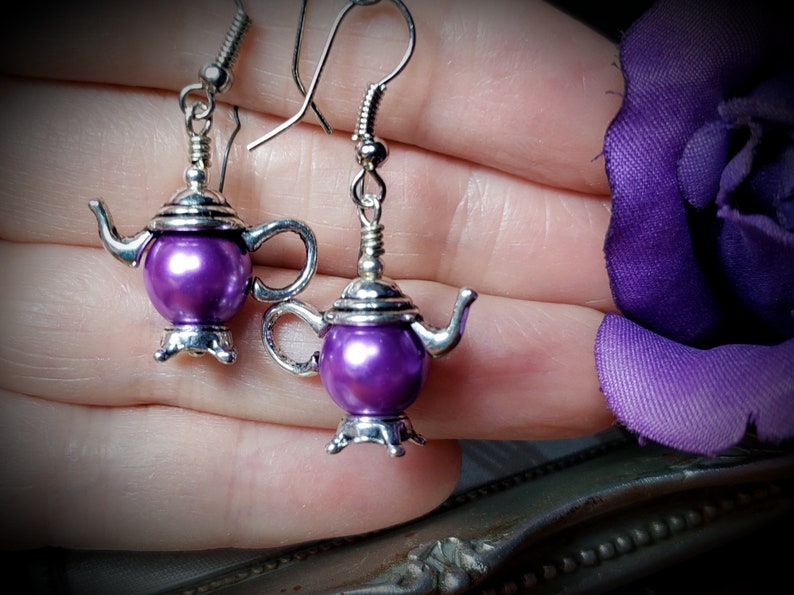 Purple Pearl Teapot Earrings, Tiny Silver Teapot, Miniature Teapots, Victorian Teapot Charms, Amethyst Pearls, Titanic Temptations 21012 image 5
