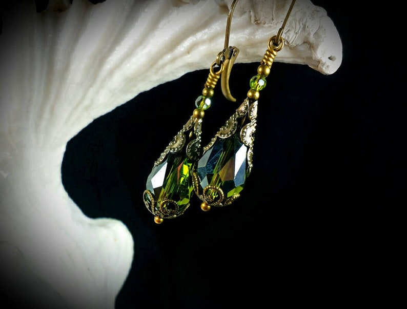 Peridot Green Gothic Earrings, Olivine Victorian Drop, Lime Teardrop Steampunk Olive Edwardian Antique Gold Bronze Titanic Temptations 18001 image 1