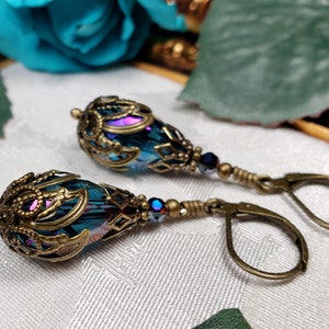 Blue Purple Victorian Earrings, Blue Zircon Gothic, Dark Aqua Steampunk, Teal Pink Edwardian, Antique Gold Bronze, Titanic Temptations 22005 image 1