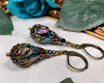 Blue Purple Victorian Earrings, Blue Zircon Gothic, Dark Aqua Steampunk, Teal Pink Edwardian, Antique Gold Bronze, Titanic Temptations 22005