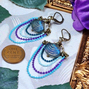 Aqua Blue Purple Victorian Earrings, Pearlized Seashell Charms Steampunk Mermaid Under the Sea Antique Gold Bronze Titanic Temptations 22006 image 6