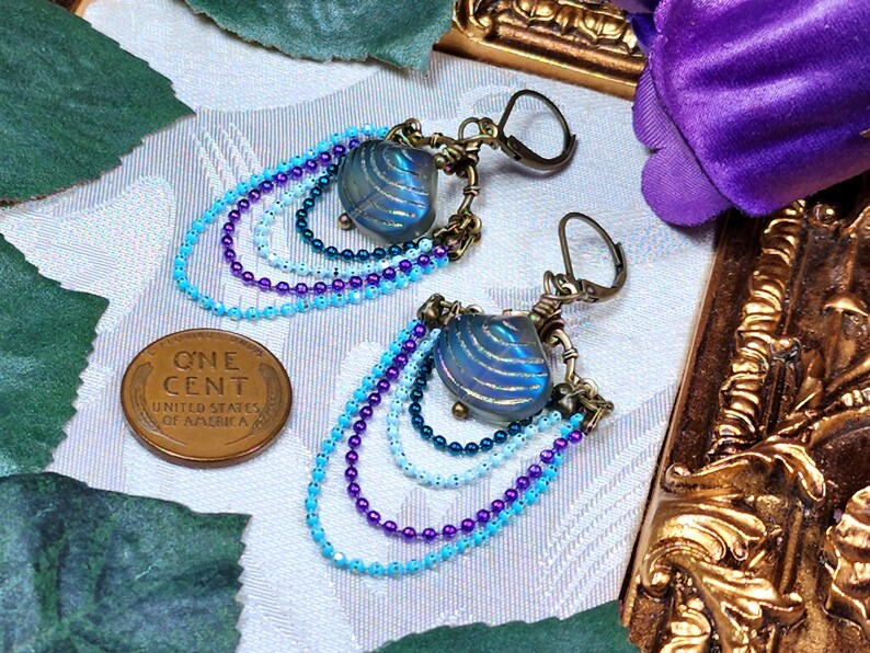 Aqua Blue Purple Victorian Earrings, Pearlized Seashell Charms Steampunk Mermaid Under the Sea Antique Gold Bronze Titanic Temptations 22006 image 6