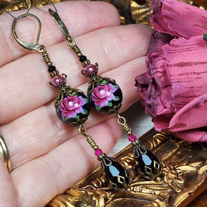 Dark Pink Rose Victorian Earrings, Pink Rosebud, Burgundy Gothic Rose, Ruby Edwardian Floral, Antique Gold Bronze, Titanic Temptations 22008 image 8