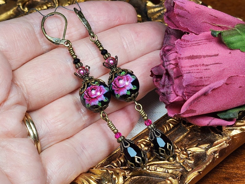 Dark Pink Rose Victorian Earrings, Pink Rosebud, Burgundy Gothic Rose, Ruby Edwardian Floral, Antique Gold Bronze, Titanic Temptations 22008 image 8