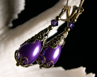 Purple Pearl Victorian Earrings, Gothic Amethyst Teardrop, Edwardian Bridal, Purple Velvet, Antique Gold Bronze, Titanic Temptations 12012
