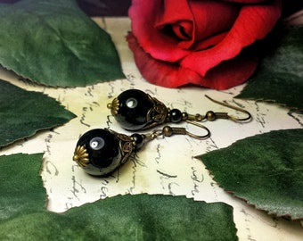 Black Onyx Gothic Earrings, Jet Black Victorian Dangles, Edwardian Bridal Drops, Ebony Steampunk Antique Bronze, Titanic Temptations Jewelry