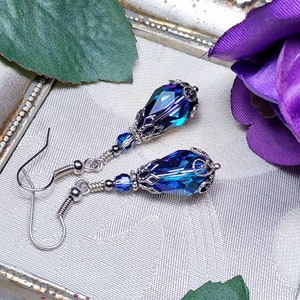 Bermuda Blue Victorian Earrings, Aqua Blue Purple Gothic Teardrop, Edwardian Bridal, Antique Silver Gunmetal, Titanic Temptations 14011 image 2