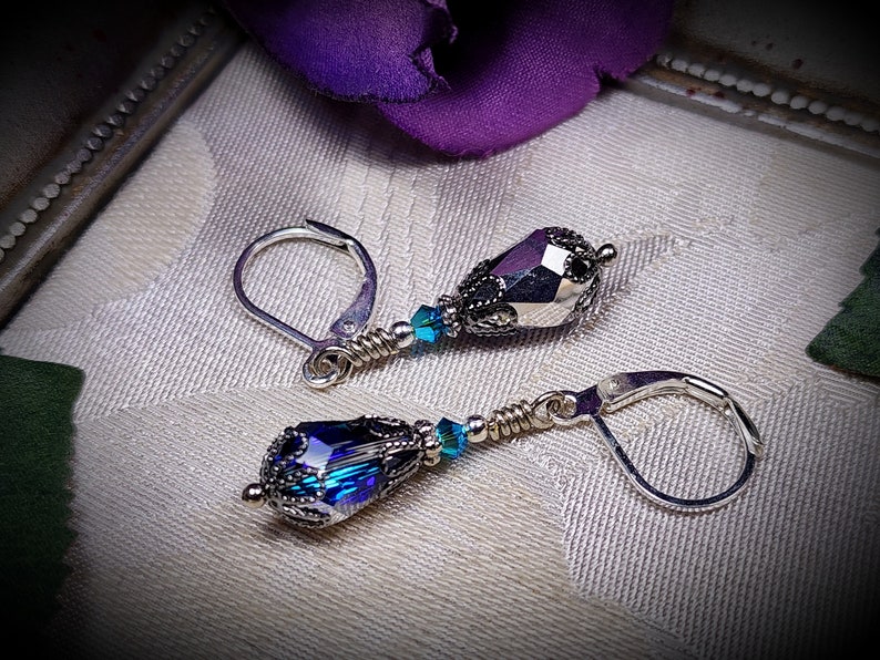 Bermuda Blue Victorian Earrings, Small Teardrop, Aqua Blue Purple Gothic, Edwardian Bridal Antique Silver Gunmetal Titanic Temptations 23003 image 7