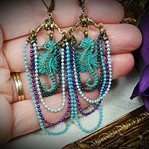 Aqua Blue Sea Horse Victorian Earrings, Brass Green Seahorse Charm, Tarnished Verdigris, Antique Gold Bronze Titanic Temptations 22007 image 8