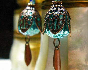 Aqua Green Victorian Earrings, Turquoise Green Gothic, Edwardian Bridal, Teal Steampunk Cathedral, Antique Copper, Titanic Temptations 11040