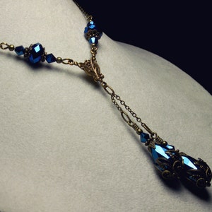 Metallic Blue Victorian Choker, Peacock Blue Gothic, Double Drop Dark Blue Edwardian Antique Gold Bronze Steampunk Titanic Temptations 12002 image 1