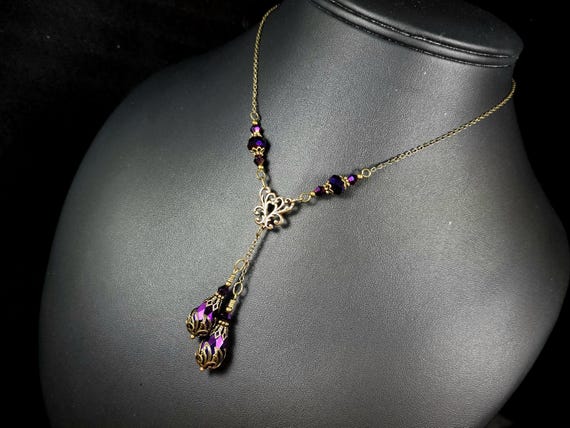 Metallic Purple Victorian Choker, Gothic Blue Purple Pink, Amethyst Edwardian, Double Drop, Antique Gold Bronze, Titanic Temptations 13007