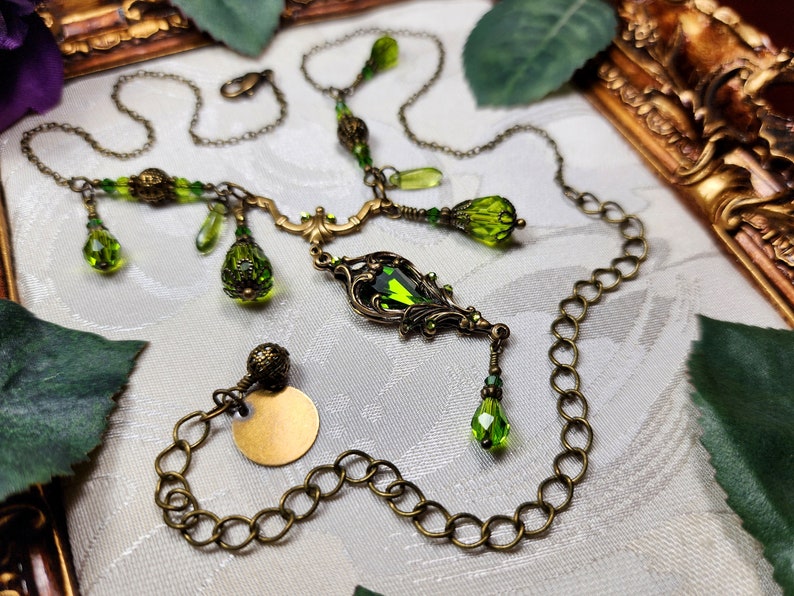 Peridot Green Victorian Choker, Gothic Heart, Lime Green Heartstone, Olivine Edwardian Bridal, Antique Gold Bronze Titanic Temptations 23005 image 5