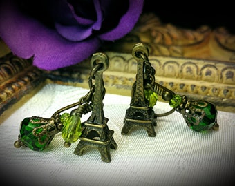 Eiffel Tower Bronze Charm, Lime Green Steampunk Victorian Drop Earrings, Peridot Olive Paris France Edwardian Drop Titanic Temptations 12009