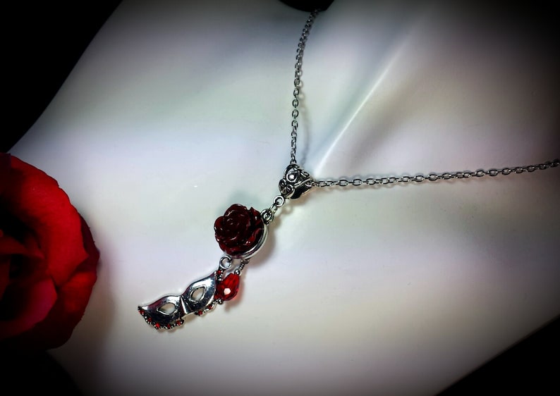 Phantom of the Opera Blood Red Rose Silver Pendant Necklace, Gothic Victorian Steampunk Garnet Rosebud Mask Charm, Titanic Temptations 16007 image 5