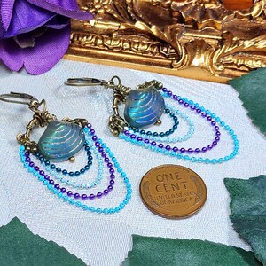 Aqua Blue Purple Victorian Earrings, Pearlized Seashell Charms Steampunk Mermaid Under the Sea Antique Gold Bronze Titanic Temptations 22006 image 9