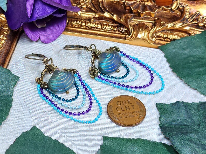 Aqua Blue Purple Victorian Earrings, Pearlized Seashell Charms Steampunk Mermaid Under the Sea Antique Gold Bronze Titanic Temptations 22006 image 9