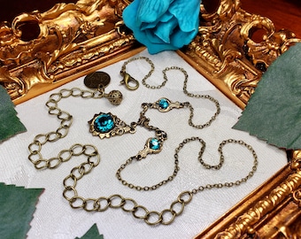 Aqua Blue Zircon Gold Hangketting, Gotisch Victoriaans, Peacock Green Steampunk Edwardian Bridal Dangle Choker, Titanic Temptations 15017