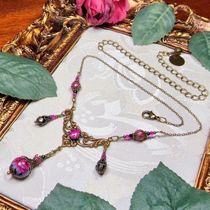 Dark Pink Rose Victorian Choker, Fuchsia Black Gothic, Hot Pink Rosebud Edwardian Bridal, Antique Gold Bronze, Titanic Temptations 22008 image 2