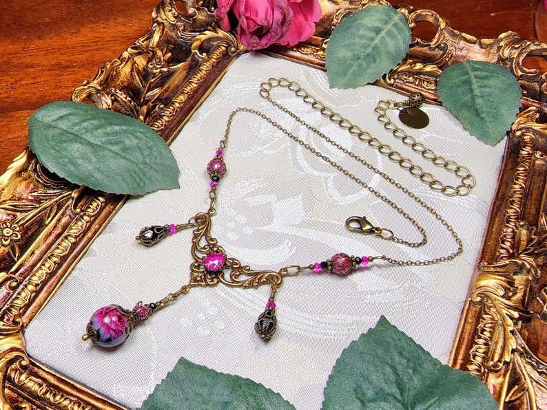 Dark Pink Rose Victorian Choker, Fuchsia Black Gothic, Hot Pink Rosebud Edwardian Bridal, Antique Gold Bronze, Titanic Temptations 22008 image 2