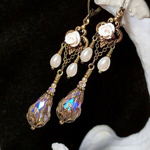 White Rose Victorian Earrings, Pink Teardrop Gothic Chandelier, Ivory Pearl Edwardian Bridal, Antique Gold Bronze, Titanic Temptations 18019 image 7