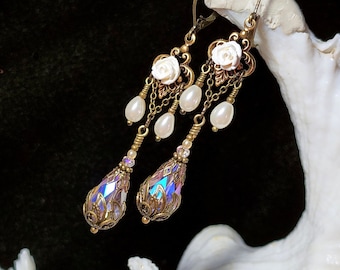 White Rose Victorian Earrings, Pink Teardrop Gothic Chandelier, Ivory Pearl Edwardian Bridal, Antique Gold Bronze, Titanic Temptations 18019