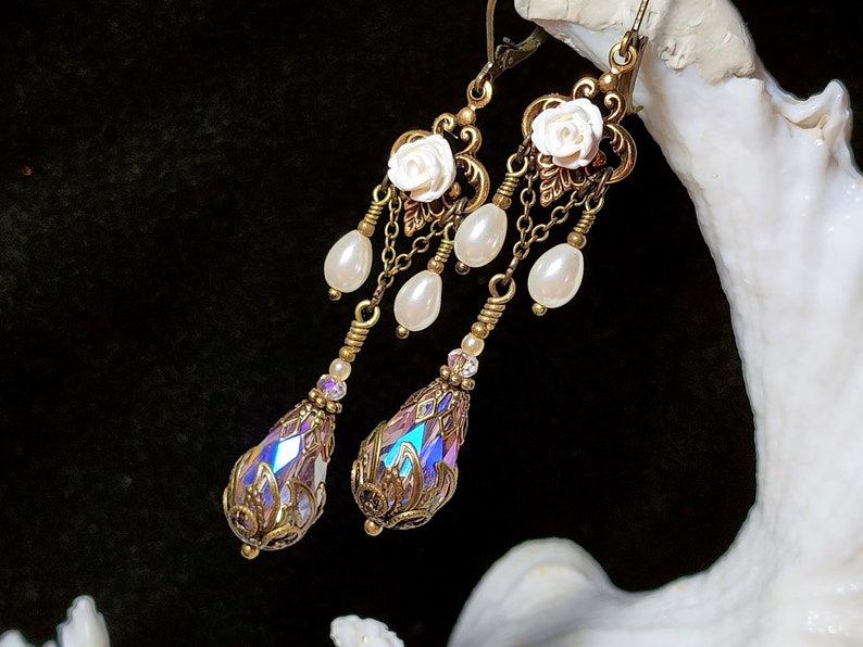 White Rose Victorian Earrings, Pink Teardrop Gothic Chandelier, Ivory Pearl Edwardian Bridal, Antique Gold Bronze, Titanic Temptations 18019 image 7