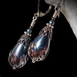 Peacock Blue Shell Pearl Victorian Earrings, Lustrous Rainbow Teardrop, Gothic Black Pearl Antique Silver Gunmetal Titanic Temptations 21011 image 3