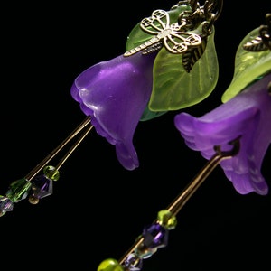Purple Dragonfly Lily Victorian Earrings, Amethyst Flower Green Leaf Frosted Lucite Edwardian Bridal Dangle Drop Titanic Temptations 13018 image 1