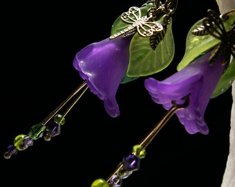 Purple Dragonfly Lily Victorian Earrings, Amethyst Flower Green Leaf Frosted Lucite Edwardian Bridal Dangle Drop Titanic Temptations 13018