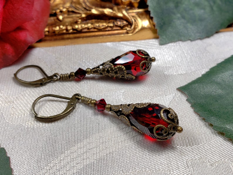 Blood Red Bronze Gothic Earrings, Dark Crimson Red Victorian Drops, Garnet Edwardian, Antique Gold Brass Steampunk Titanic Temptations 12019 image 9