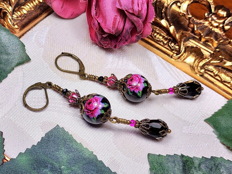 Dark Pink Rose Victorian Earrings, Pink Rosebud, Burgundy Gothic Rose, Ruby Edwardian Floral, Antique Gold Bronze, Titanic Temptations 22008 image 6