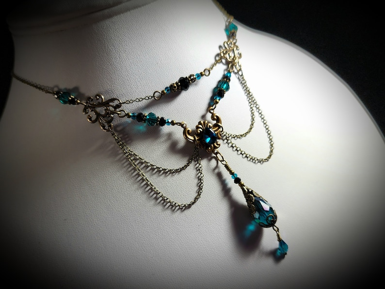 Peacock Blue Victorian Choker, Teal Green Gothic, Blue Zircon Edwardian Bridal, Steampunk, Antiqued Gold Bronze, Titanic Temptations 24001 image 3