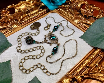 Emerald Green Pearl Victorian Choker, Teal Gothic, Peacock Green Edwardian Bridal Choker, Antiqued Gold Bronze, Titanic Temptations 19003