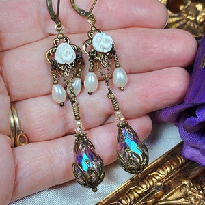 White Rose Victorian Earrings, Pink Teardrop Gothic Chandelier, Ivory Pearl Edwardian Bridal, Antique Gold Bronze, Titanic Temptations 18019 image 8