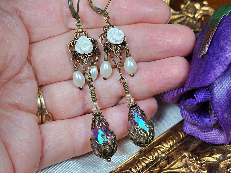 White Rose Victorian Earrings, Pink Teardrop Gothic Chandelier, Ivory Pearl Edwardian Bridal, Antique Gold Bronze, Titanic Temptations 18019 image 8