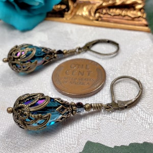 Blue Purple Victorian Earrings, Blue Zircon Gothic, Dark Aqua Steampunk, Teal Pink Edwardian, Antique Gold Bronze, Titanic Temptations 22005 image 7