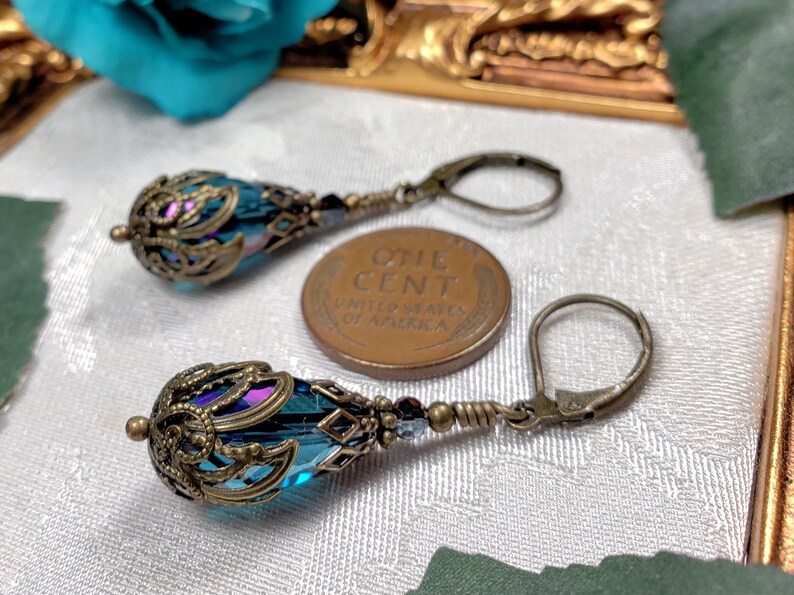 Blue Purple Victorian Earrings, Blue Zircon Gothic, Dark Aqua Steampunk, Teal Pink Edwardian, Antique Gold Bronze, Titanic Temptations 22005 image 7