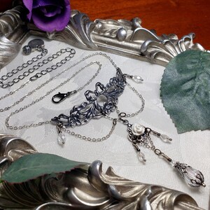 White Rose Victorian Necklace, Ribbons and Roses, Crystal Teardrop Edwardian, Gothic Gunmetal Drop, Antique Silver Titanic Temptations 21009 image 9