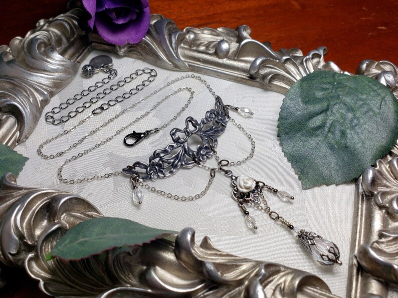 White Rose Victorian Necklace, Ribbons and Roses, Crystal Teardrop Edwardian, Gothic Gunmetal Drop, Antique Silver Titanic Temptations 21009 image 9