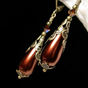 Chocolate Pearl Earrings, Victorian Pearls, Brown Pearl Drops, Gothic Teardrops, Edwardian Pearls, Antique Bronze, Titanic Temptations 12033 image 1