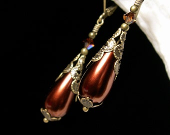 Boucles d’oreilles en perles de chocolat, perles victoriennes, gouttes de perles brunes, larme gothiques, perles édouardiennes, bronze antique, tentations du Titanic 12033