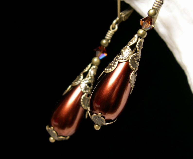 Chocolate Pearl Earrings, Victorian Pearls, Brown Pearl Drops, Gothic Teardrops, Edwardian Pearls, Antique Bronze, Titanic Temptations 12033 image 1