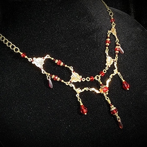 Blood Red Victorian Choker, Crimson Gothic Drop, Dark Red Edwardian Bridal, Scarlet Steampunk, Antique Gold Bronze Titanic Temptations 23004 image 4